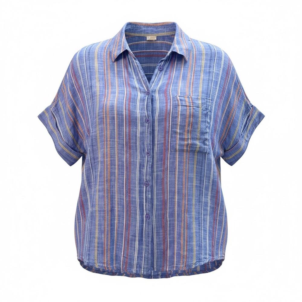 En Creme Women’s Short Sleeve Button Collard Shirt Blue Striped Small